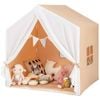 Costway Kids Play Tent W/mat Solid Wood Frame Playhouse Castle Brown