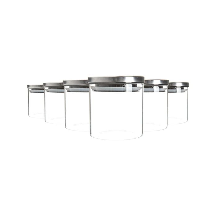 Argon Tableware Glass Storage Jars with Metal Lids - Silicone Seal - 550ml - Silver - Pack of 6