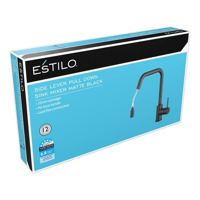 Estilo 35mm Matte Black WELS 5 Star 6L/min Side Lever Pull Down Sink Mixer
