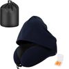 Catzon Travel Neck Pillow with Hood Memory Foam for Neck Support-Cotton-Navy Blue