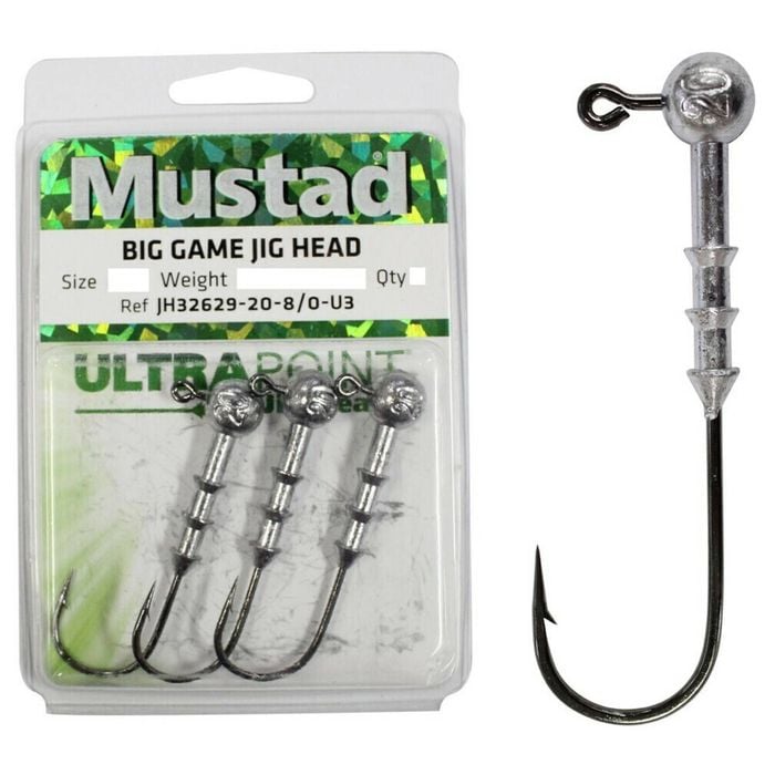4 x Size 6/0 20gm Mustad Big Game Jig Heads - Black Nickel Ultra Point Hooks