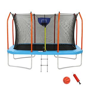 Everfit 12FT Trampoline for Kids Rectangle Rebounder with Ladder Basketball Set Enclosure Net Blue