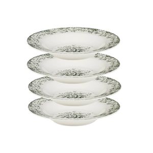 4x Casa Domani Rosetta Rim Soup Bowl Antique Green Porcelain 23cm Serving