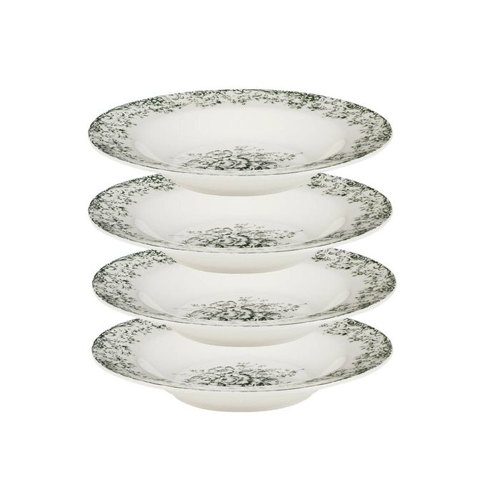 4x Casa Domani Rosetta Rim Soup Bowl Antique Green Porcelain 23cm Serving