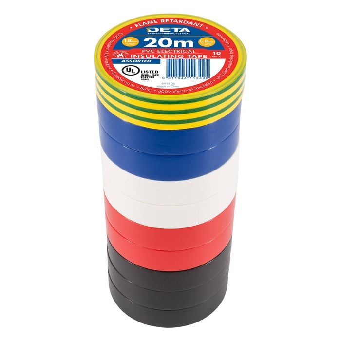 DETA 20m 18mm Assorted Flame Retardant PVC Tape - 10 Pack