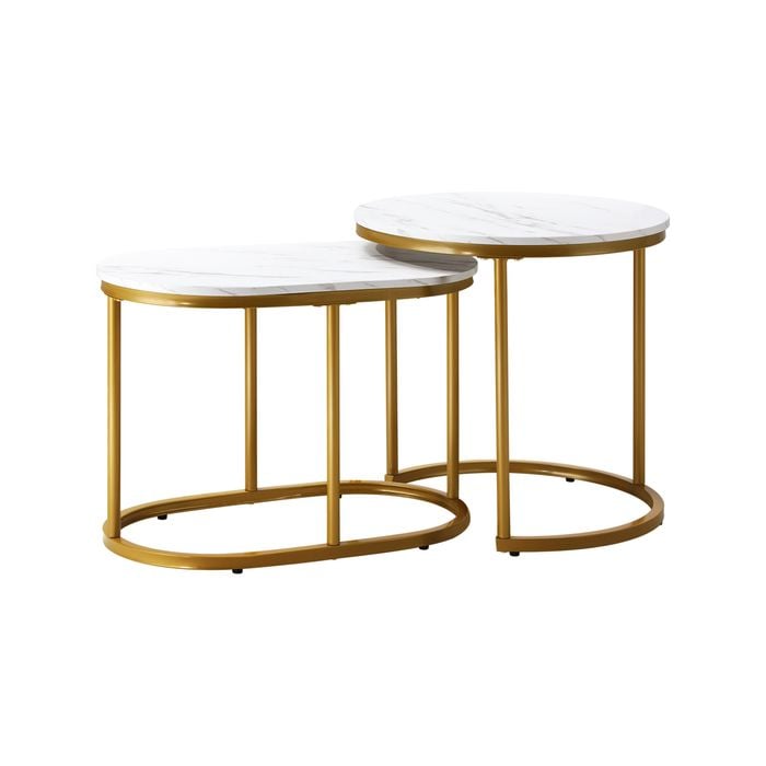 Oikiture Set of 2 Coffee Table Round Oval Marble-like Nesting Side Tables Gold