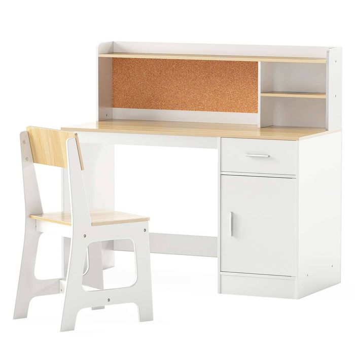Costway Wooden Study Desk & Chair Set w/Shelves Drawer Cabinet Natural