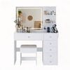 Advwin Dressing Table Stool Set Charging Station Lights Glass Tabletop Vanity Desk White