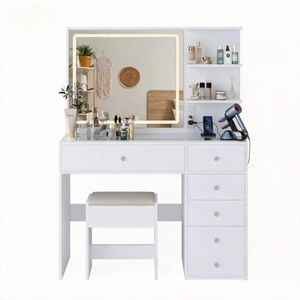 Advwin Dressing Table Stool Set Charging Station Lights Glass Tabletop Vanity Desk White