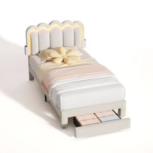 Ufurniture LED Velvet Upholstered Bed Frame with Adjustable Headboard and Charging Station King Single Beige