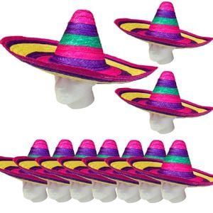 10x Mexican SOMBRERO Fancy Dress Straw Party Costume Hat Cap Spanish BULK - Rainbow | One Size Fits Most | Straw