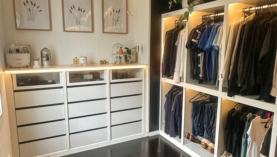 Flatpack custom wardrobe design in a bedroom with in built lighting