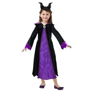 Maleficent Deluxe Halloween Costume Girls Disney Dress with Collar and Horn Headband, 9-10-YRS