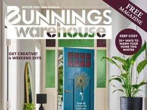 Bunnings Warehouse Winter 2026 New Zealand magazine cover featuring a bright entryway with a teal front door, indoor plants, and DIY home décor projects and winter tips.