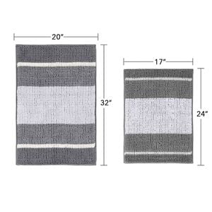 Smarcute 2 Pieces (50x81cm & 43x61cm) Striped Plush Chenille Bath Mat Bathroom Kitchen Rugs Grey And White