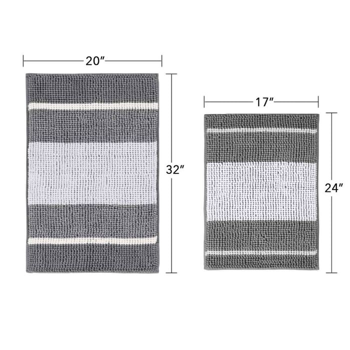 Smarcute 2 Pieces (50x81cm & 43x61cm) Striped Plush Chenille Bath Mat Bathroom Kitchen Rugs Grey And White