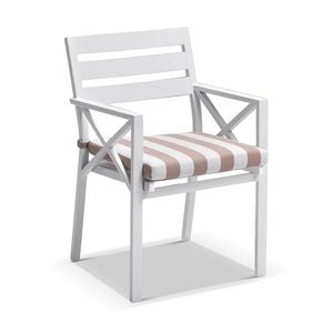 Kansas Outdoor Aluminium Dining Arm Chair White & Sunbrella Beige Striped Cushions