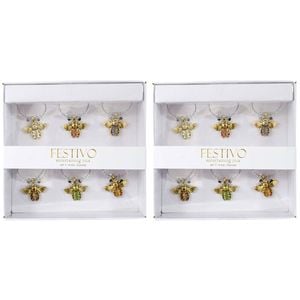 2x 6pc LVD Jewelled Bee Alloy Wine Glass Charm Set 13x12cm Multicoloured