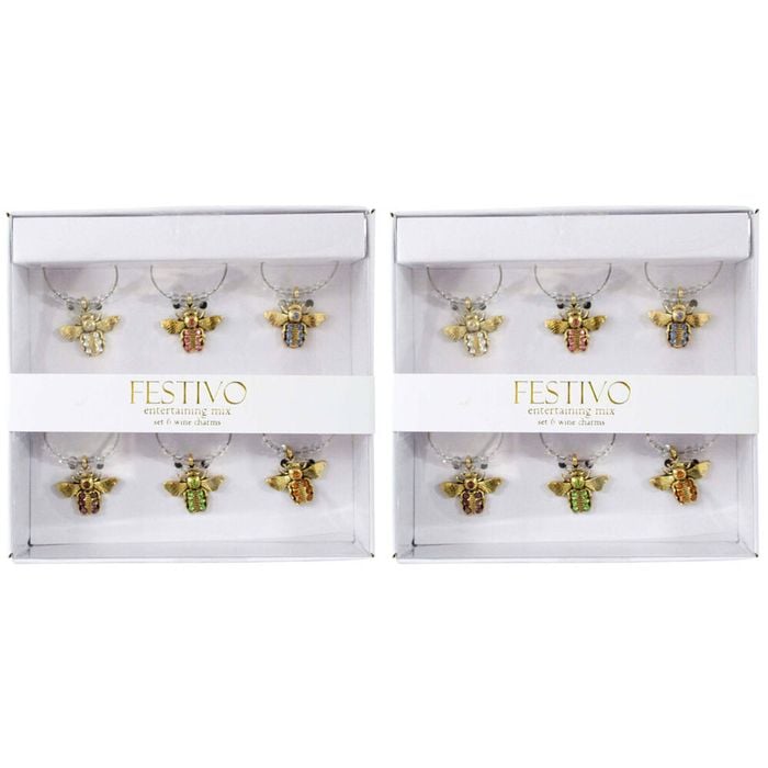 2x 6pc LVD Jewelled Bee Alloy Wine Glass Charm Set 13x12cm Multicoloured