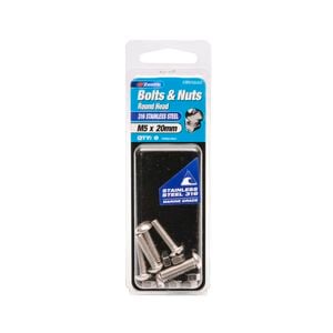 Zenith Bolt & Nut Round M 5x 20mm SS316 6pk