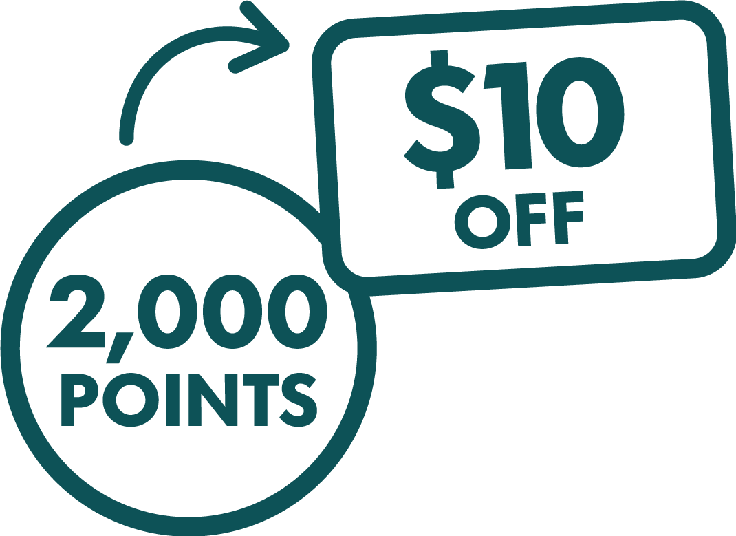 Flybuys rewards icon showing “2,000 POINTS” inside a circle with an arrow pointing to a coupon displaying “$10 OFF,” representing the redemption of 2,000 Flybuys points for a $10 discount.