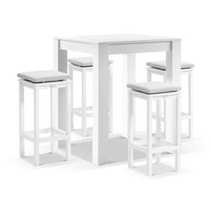 Santorini Outdoor Square Bar Table White With 4 Avoca Stools & Textured Olefin Grey Cushions