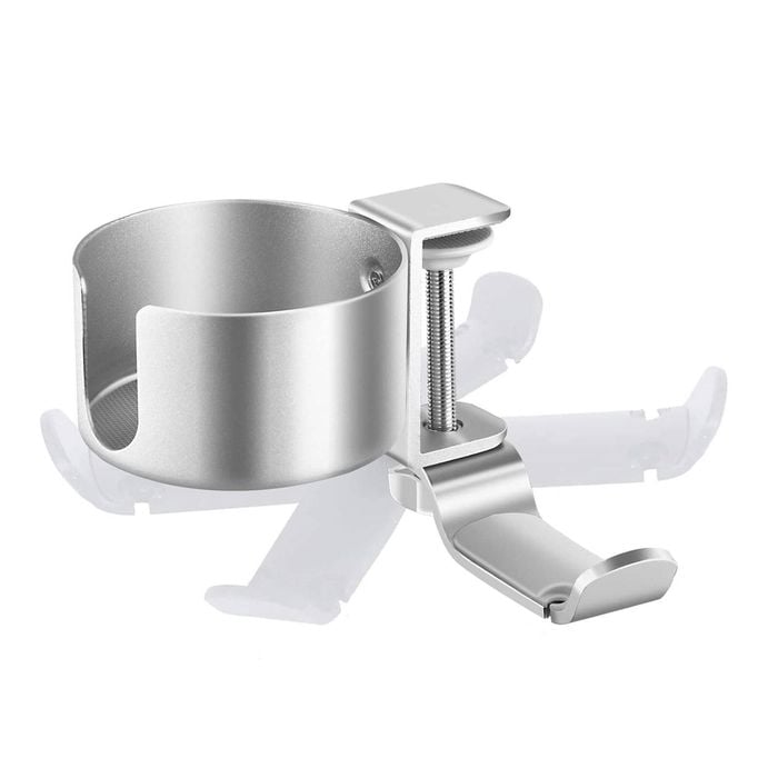 2 in 1 Desk Cup Holder with Headphone Hanger - Anti-Spill, Easy Install (Silver)