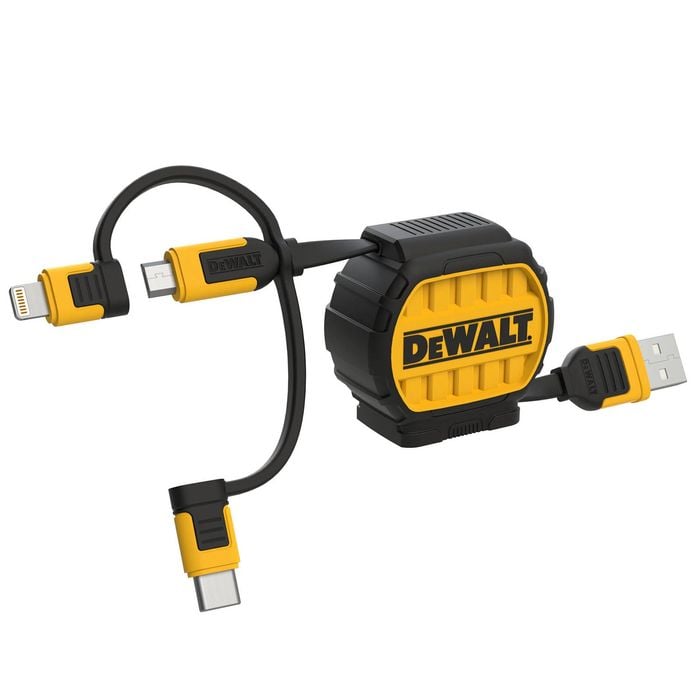 DeWALT 1m 3-In-1 Retractable Charging Cable Reinforced With Kevlar Lightning Type C And Micro-USB To USB