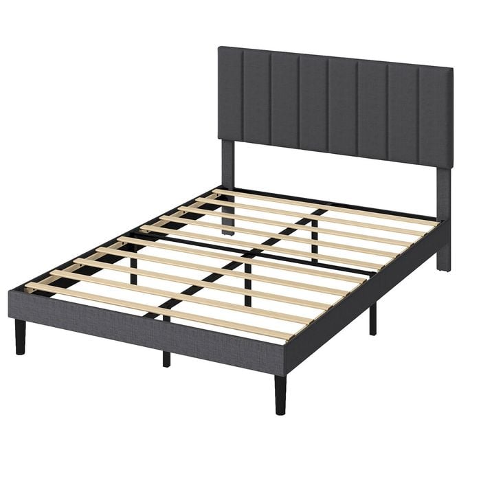 Levede Double Upholstered Bed Frame with Vertical Channel Headboard   - Dark Grey
