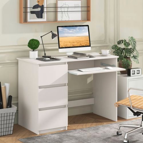 Computer desk, a chair, a filing cabinet with a pot plant on it in a room.