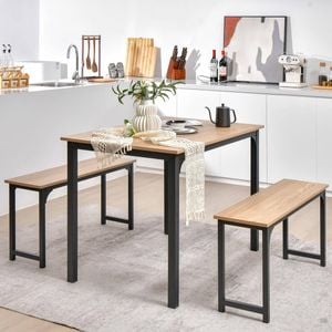 Costway 3pcs Wood Dining Table & Chairs Set Dining Furniture Set Steel Frame W/2 Benches Natural