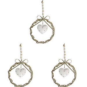 3x LVD Metal/Beads Twist Wreath Heart Hanging Ornament Home Decor Sml Gold/White