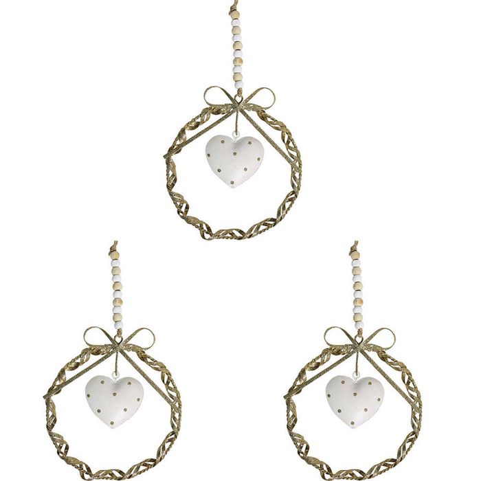 3x LVD Metal/Beads Twist Wreath Heart Hanging Ornament Home Decor Sml Gold/White