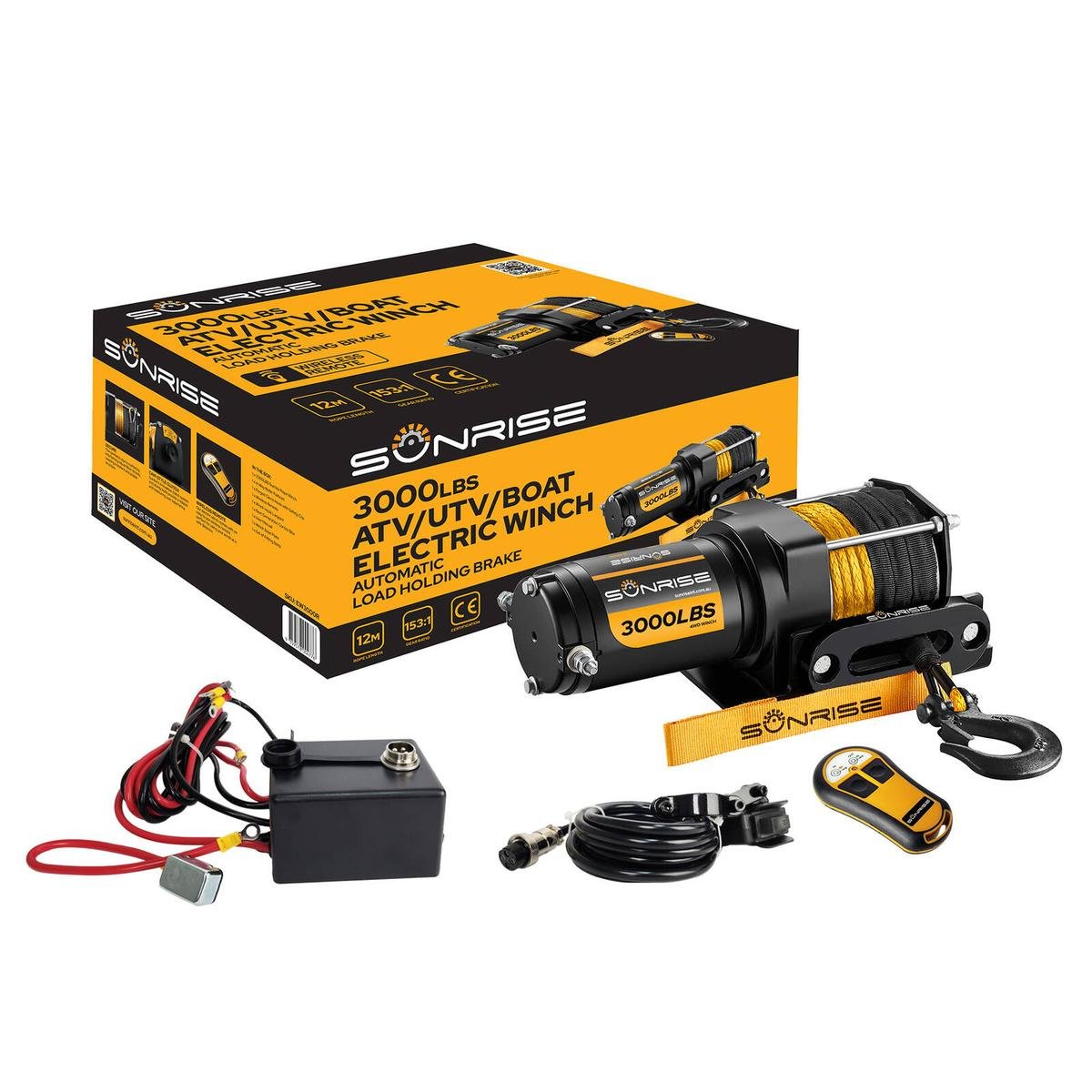 Sunrise Electric Winch 3000lbs (1360kg) Wireless 12V 153:1 Gear Ratio ...