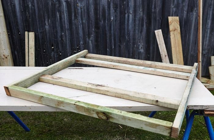 A frame for a chicken coop assembled out of timber