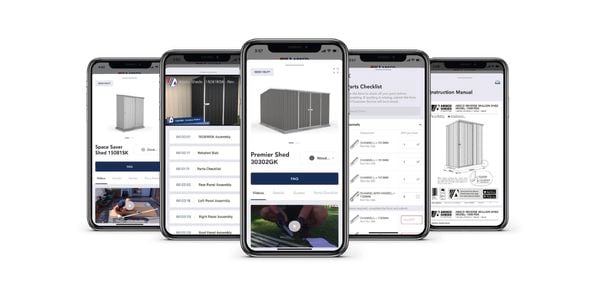 Mobile phones in a row with the Select A Shed app on each screen.