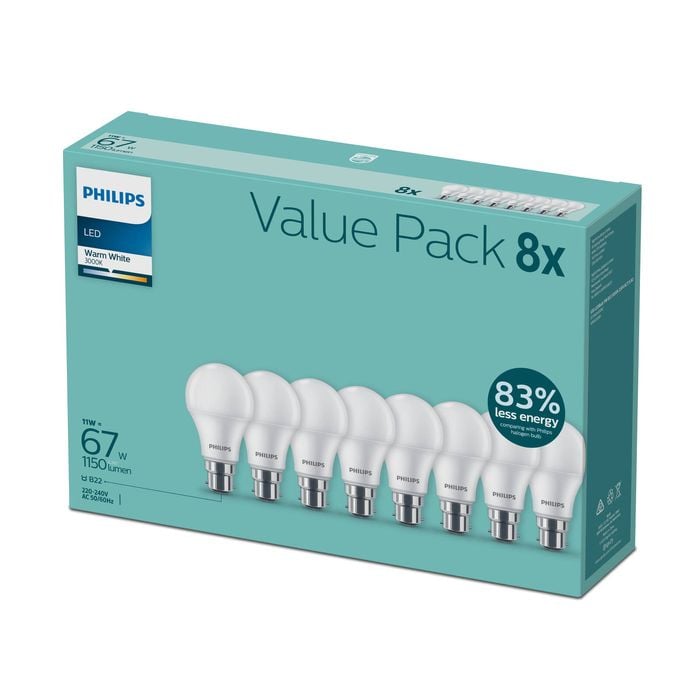 Philips A60 B22 Led 1150lm Warm White 11W Globe - 8 Pack