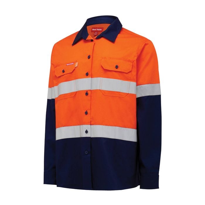 Hard Yakka Orange/Navy Women's Hi Vis Taped Long Sleeve Shirt - Size 16