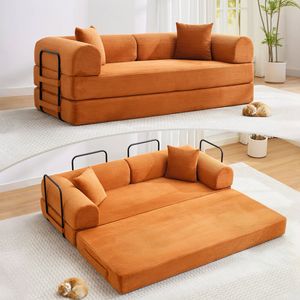 Homfurn 4-in-1 Folding Convertible Sofa Bed, Corduroy Loveseat Sleeper With Pull Out Bed, Floor Couch Bed For Bedroom, Orange