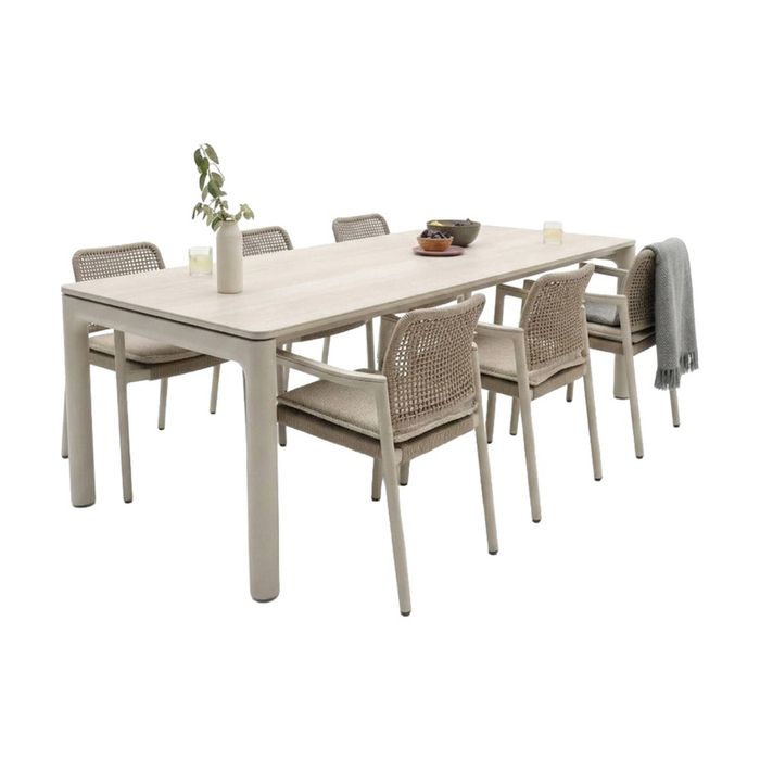 Sienna Outdoor Aluminium And Ceramic Dining Table With Rope Chairs Setting