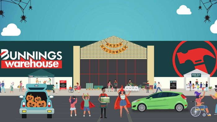 Illustration of a Bunnings warehouse carpark with adults and kids in halloween costumes.