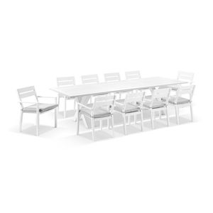Tahitian 3m Aluminium Dining Table White with 10x Santorini Chairs & Textured Olefin Grey Cushions
