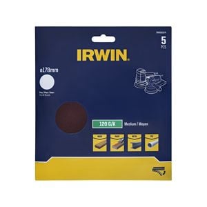 IRWIN 178mm 120G No Holes Quick Fit Random Orbital Sanding Discs - 5 Pack