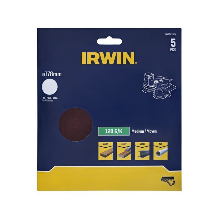 IRWIN 178mm 120G No Holes Quick Fit Random Orbital Sanding Discs - 5 Pack