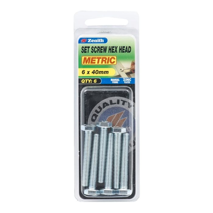 Zenith M6 x 40mm Zinc Plated Hex Head Set Screw - 6 Pack