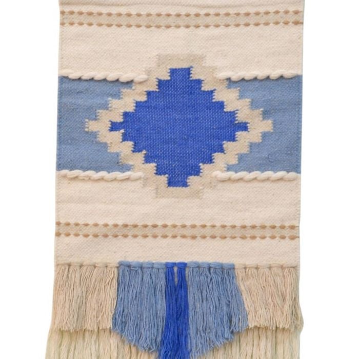 Handwoven Woollen Trendy Wall Hanging - Ad012 - Ivory/blue - 50x90cm