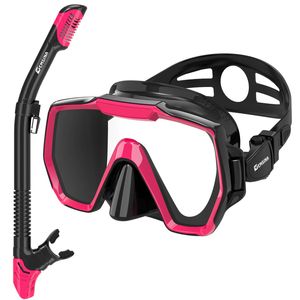 EMSINA E8 Freedom HD Dry Snorkel Set Panoramic Wide View Anti-Fog Diving Mask Snorkeling Gear Pink