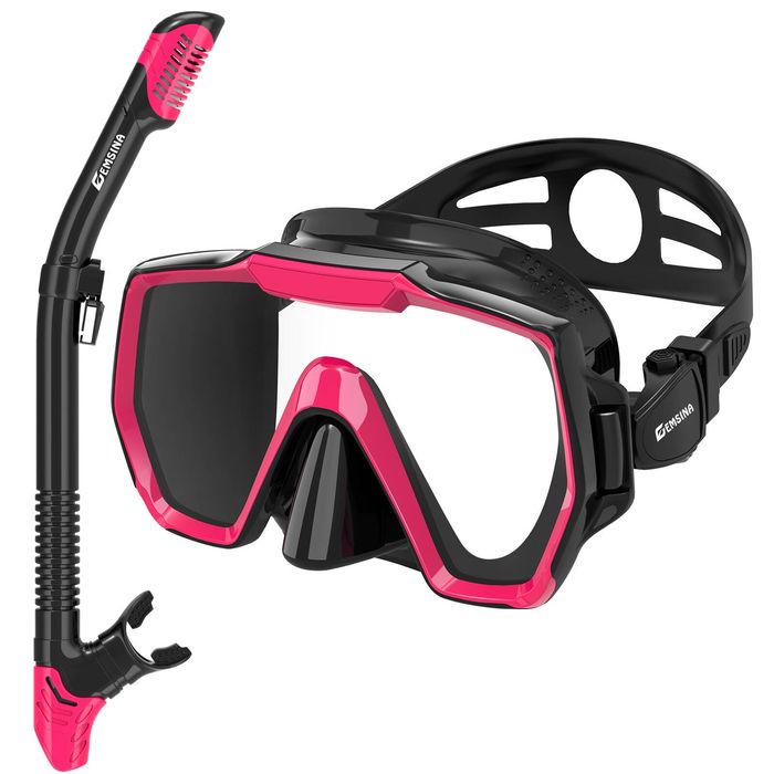 EMSINA E8 Freedom HD Dry Snorkel Set Panoramic Wide View Anti-Fog Diving Mask Snorkeling Gear Pink