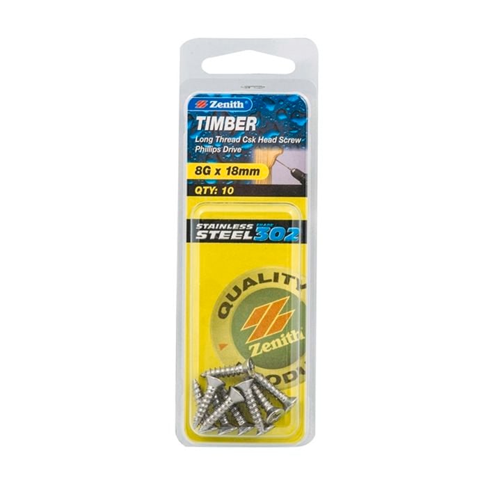 Zenith 8G x 18mm Stainless Steel Timber Screw - 10 Pack