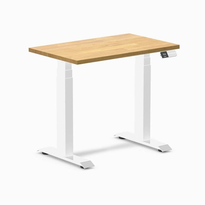 Desky Dual Mini Light Oak Rubberwood Sit To Stand Desk 800x500mm White Frame